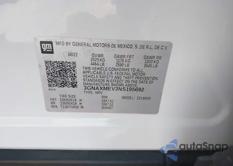 2022 Chevrolet Equinox Fwd Rs from USA, damaged, VIN 3GNAXMEV3NS195692